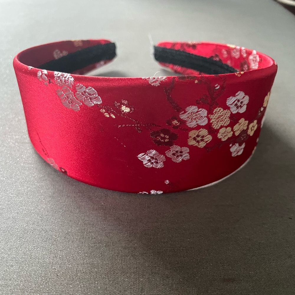 Red multicolor floral oriental fabric wide headband